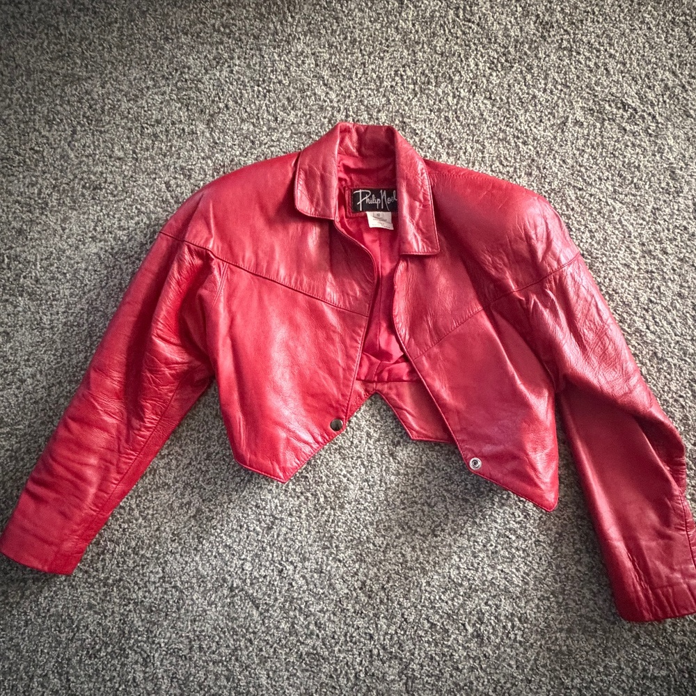 Genuine Vintage 1980s Cropped Leather Bolero Jacket -Philip Noel (Bright Red/S)